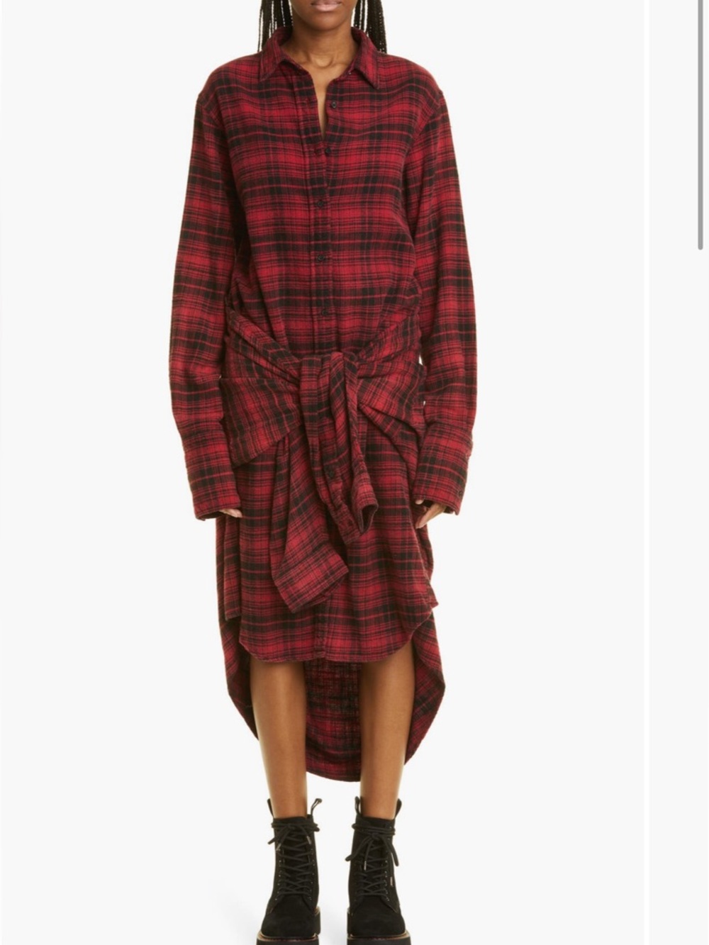 R13 Tie Waist Midi Shirt Dress - Red/Black Plaid Size Medium